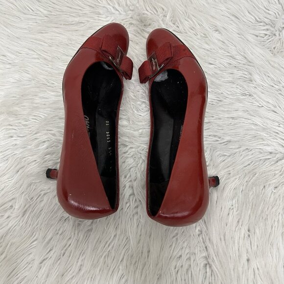 Vintage Salvatore Ferragamo 1980’s Red Vara Patent Bow Pump Kitten Heel Size 9AA - Picture 6 of 10